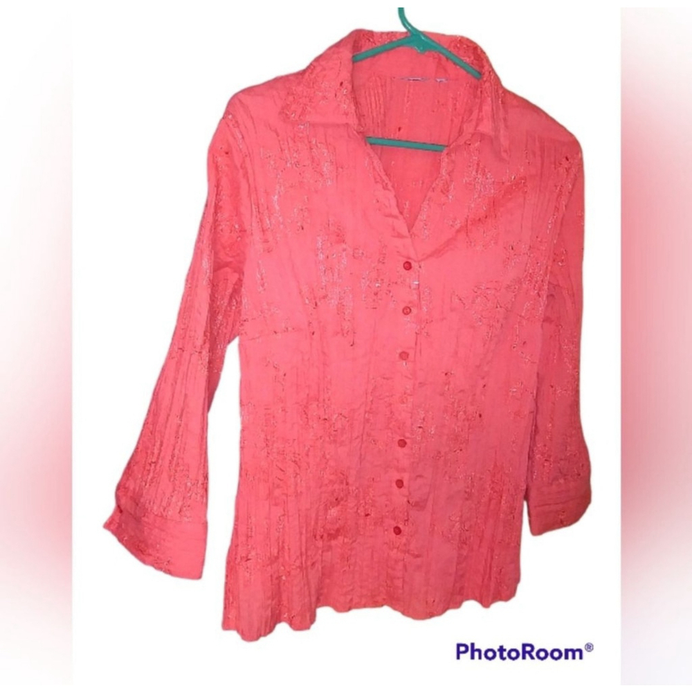 Women's Embroidered Button Down Top Orangey Salmon Color Size L